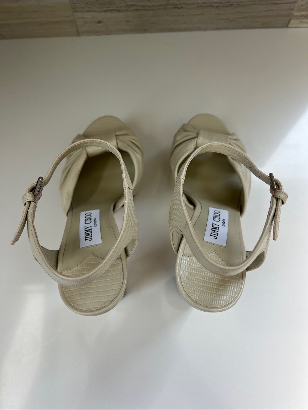 Jimmy Choo heloise 120 bamboo cream light tan soft lizard printed leather heels - Picture 10 of 12